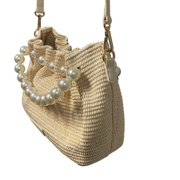 Melie Bianco Josie Natural Small Straw Pearl Embellished Top Handle Bag - Picture 3 of 8